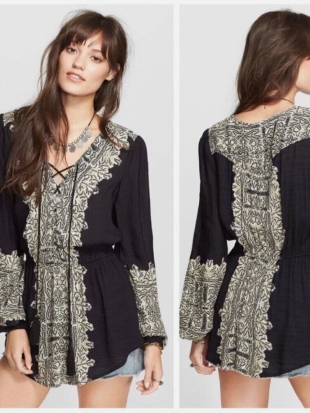 Free People Lace-Up Boho Tunic Top Women L Black Wildest Moment Blouse RenFaire